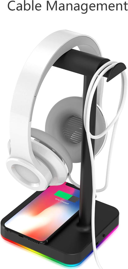 RGB Headphone Stand with Wireless Charger Desk Gaming Headset Holder Hanger Rack with 10W/7.5W Fast Charge QI Wireless Charging Pad - Suitable for Gamer Desktop Table Game Earphone Accessories