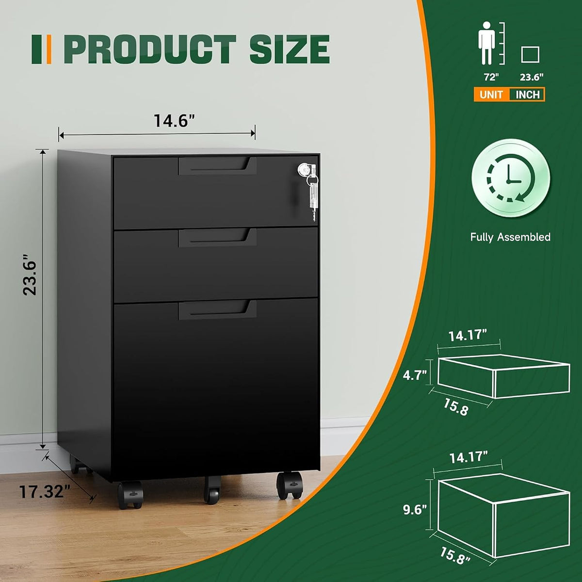 Letaya 3 Drawer Mobile File Cabinet with Lock,Under Desk Metal Filing Cabinets for Home Office Organizer Letters/Legal/A4((Fully Assembled-Black)