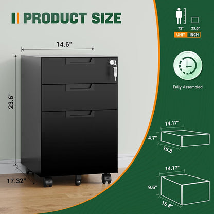 Letaya 3 Drawer Mobile File Cabinet with Lock,Under Desk Metal Filing Cabinets for Home Office Organizer Letters/Legal/A4((Fully Assembled-Black)