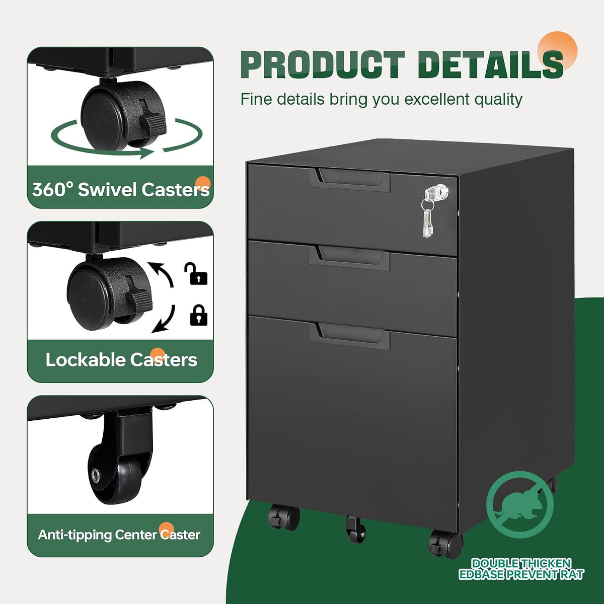 Letaya 3 Drawer Mobile File Cabinet with Lock,Under Desk Metal Filing Cabinets for Home Office Organizer Letters/Legal/A4((Fully Assembled-Black)