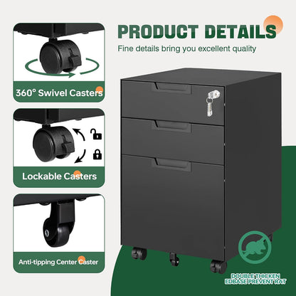 Letaya 3 Drawer Mobile File Cabinet with Lock,Under Desk Metal Filing Cabinets for Home Office Organizer Letters/Legal/A4((Fully Assembled-Black)