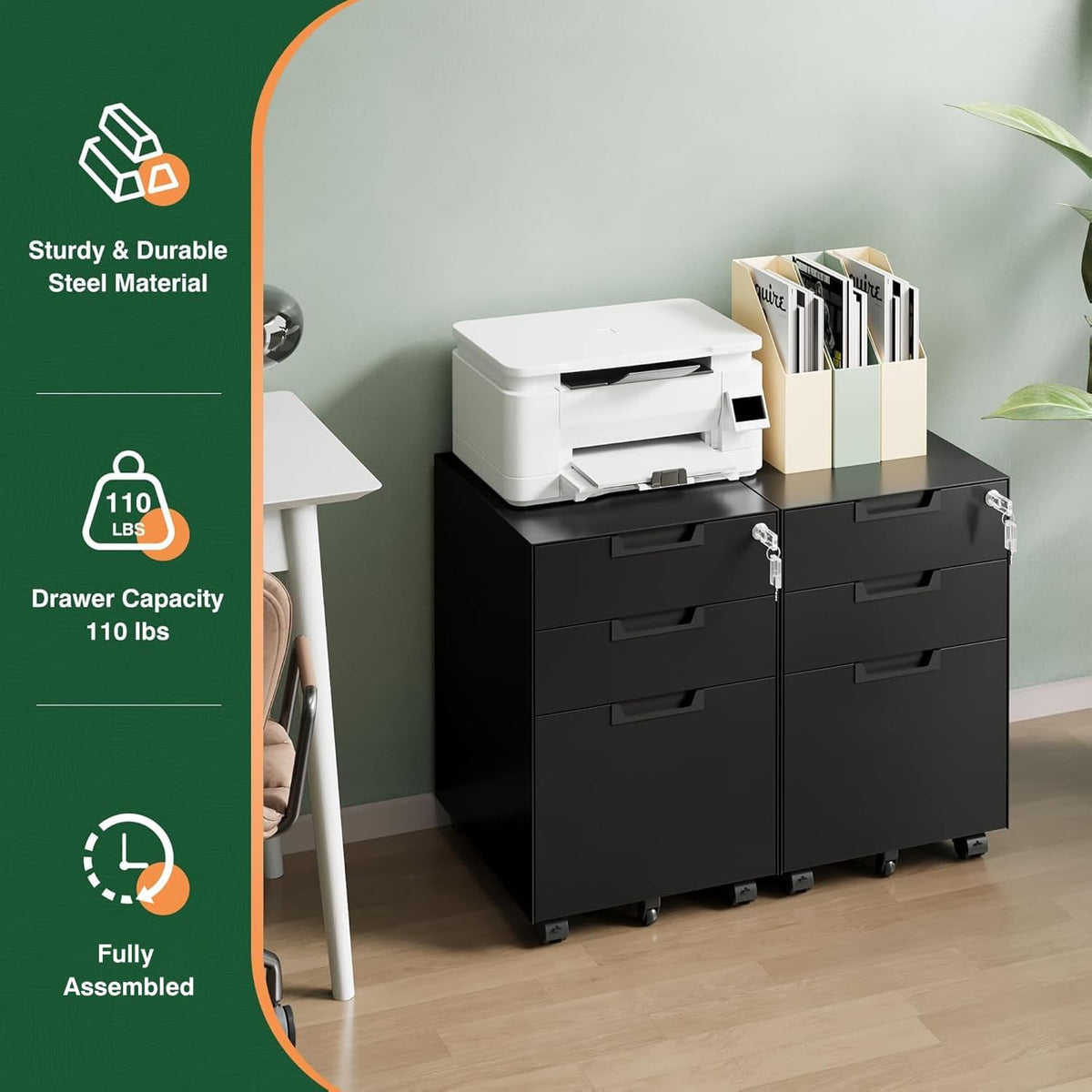 Letaya 3 Drawer Mobile File Cabinet with Lock,Under Desk Metal Filing Cabinets for Home Office Organizer Letters/Legal/A4((Fully Assembled-Black)