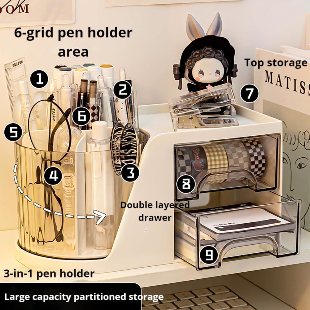 Rotating Desk Organizer, Large Capacity Cosmetic Display Case with Drawer, 360-Degree Rotating Pen Holder, Art Supply Storage Box Caddy for Office and Home