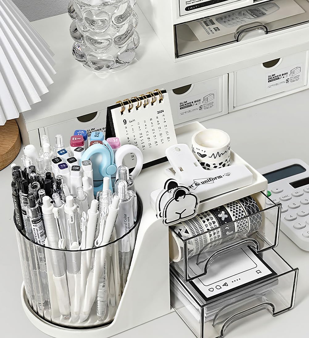 Rotating Desk Organizer, Large Capacity Cosmetic Display Case with Drawer, 360-Degree Rotating Pen Holder, Art Supply Storage Box Caddy for Office and Home