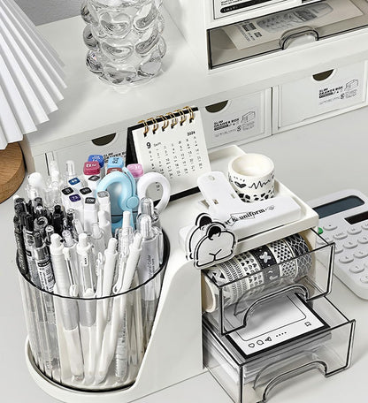 Rotating Desk Organizer, Large Capacity Cosmetic Display Case with Drawer, 360-Degree Rotating Pen Holder, Art Supply Storage Box Caddy for Office and Home