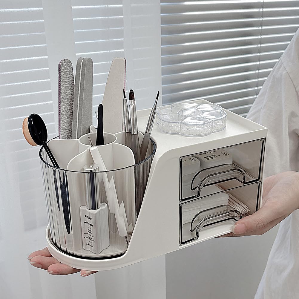 Rotating Desk Organizer, Large Capacity Cosmetic Display Case with Drawer, 360-Degree Rotating Pen Holder, Art Supply Storage Box Caddy for Office and Home