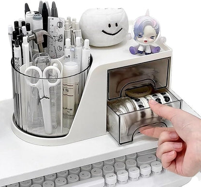 Rotating Desk Organizer, Large Capacity Cosmetic Display Case with Drawer, 360-Degree Rotating Pen Holder, Art Supply Storage Box Caddy for Office and Home