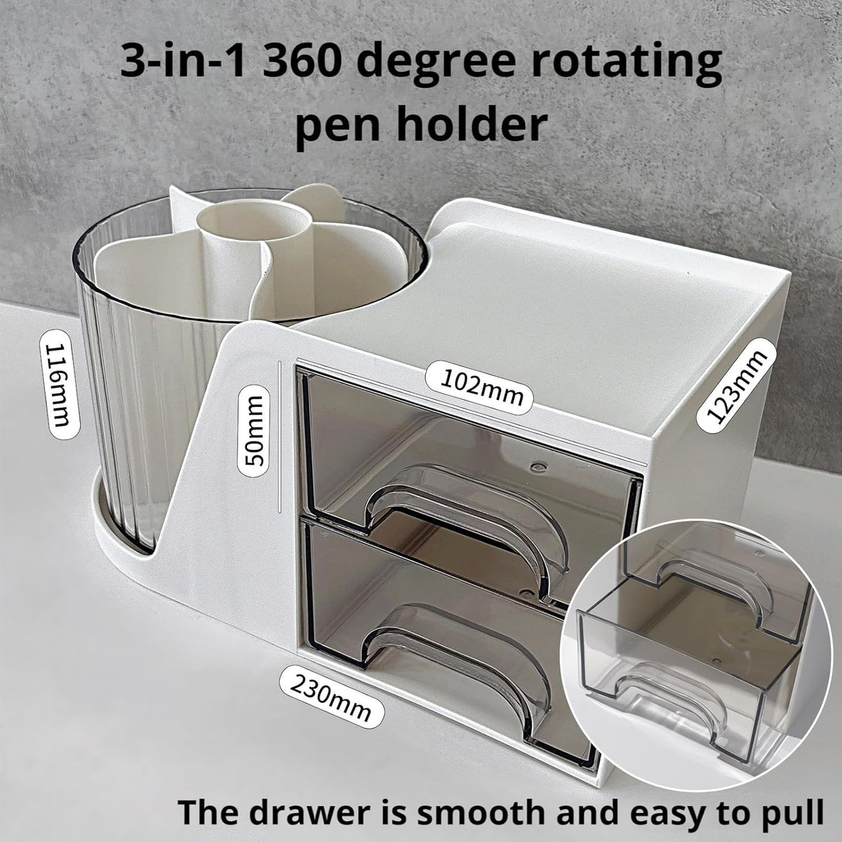 Rotating Desk Organizer, Large Capacity Cosmetic Display Case with Drawer, 360-Degree Rotating Pen Holder, Art Supply Storage Box Caddy for Office and Home
