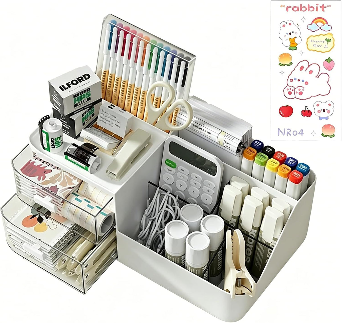 Rotating Desk Organizer, Large Capacity Cosmetic Display Case with Drawer, 360-Degree Rotating Pen Holder, Art Supply Storage Box Caddy for Office and Home