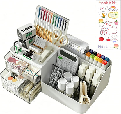 Rotating Desk Organizer, Large Capacity Cosmetic Display Case with Drawer, 360-Degree Rotating Pen Holder, Art Supply Storage Box Caddy for Office and Home