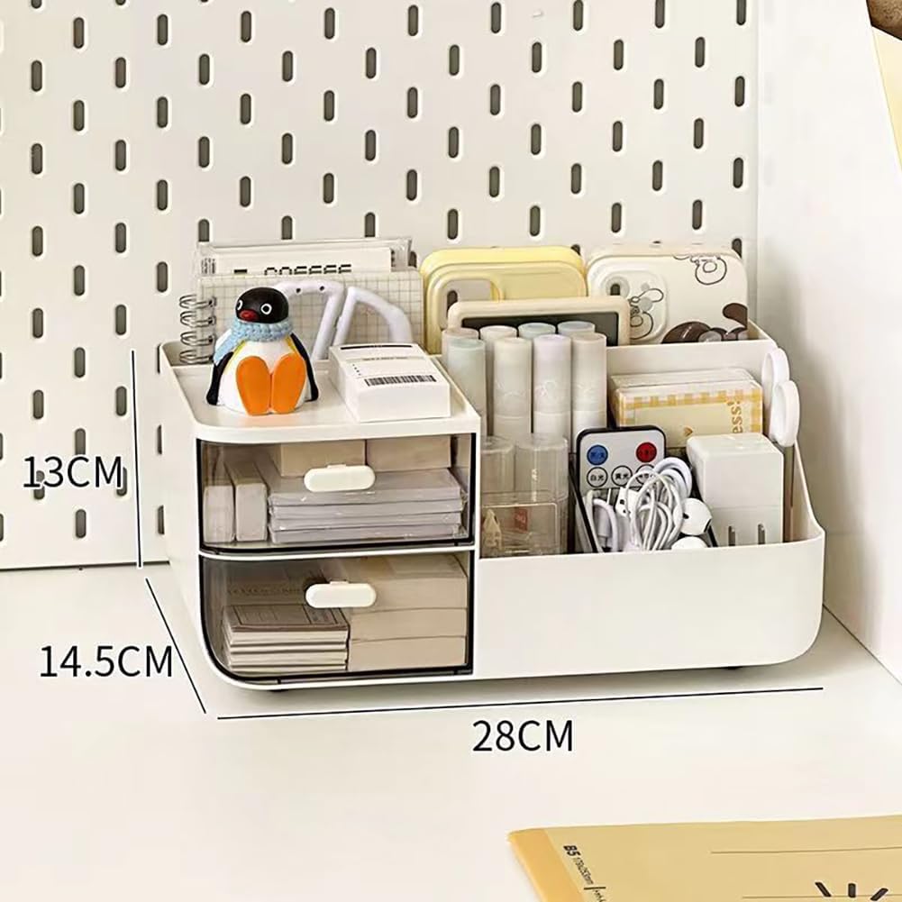 Rotating Desk Organizer, Large Capacity Cosmetic Display Case with Drawer, 360-Degree Rotating Pen Holder, Art Supply Storage Box Caddy for Office and Home