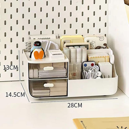 Rotating Desk Organizer, Large Capacity Cosmetic Display Case with Drawer, 360-Degree Rotating Pen Holder, Art Supply Storage Box Caddy for Office and Home