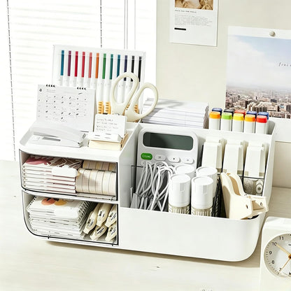 Rotating Desk Organizer, Large Capacity Cosmetic Display Case with Drawer, 360-Degree Rotating Pen Holder, Art Supply Storage Box Caddy for Office and Home