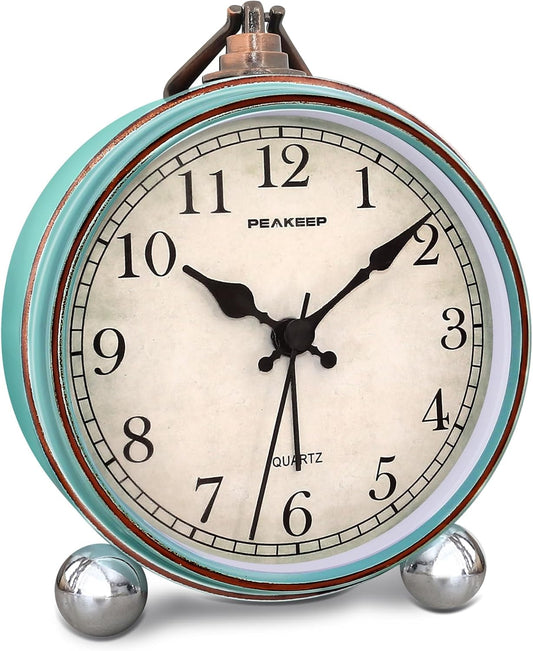 4" Small Battery Operated Analog Alarm Clock, Antique Retro Style