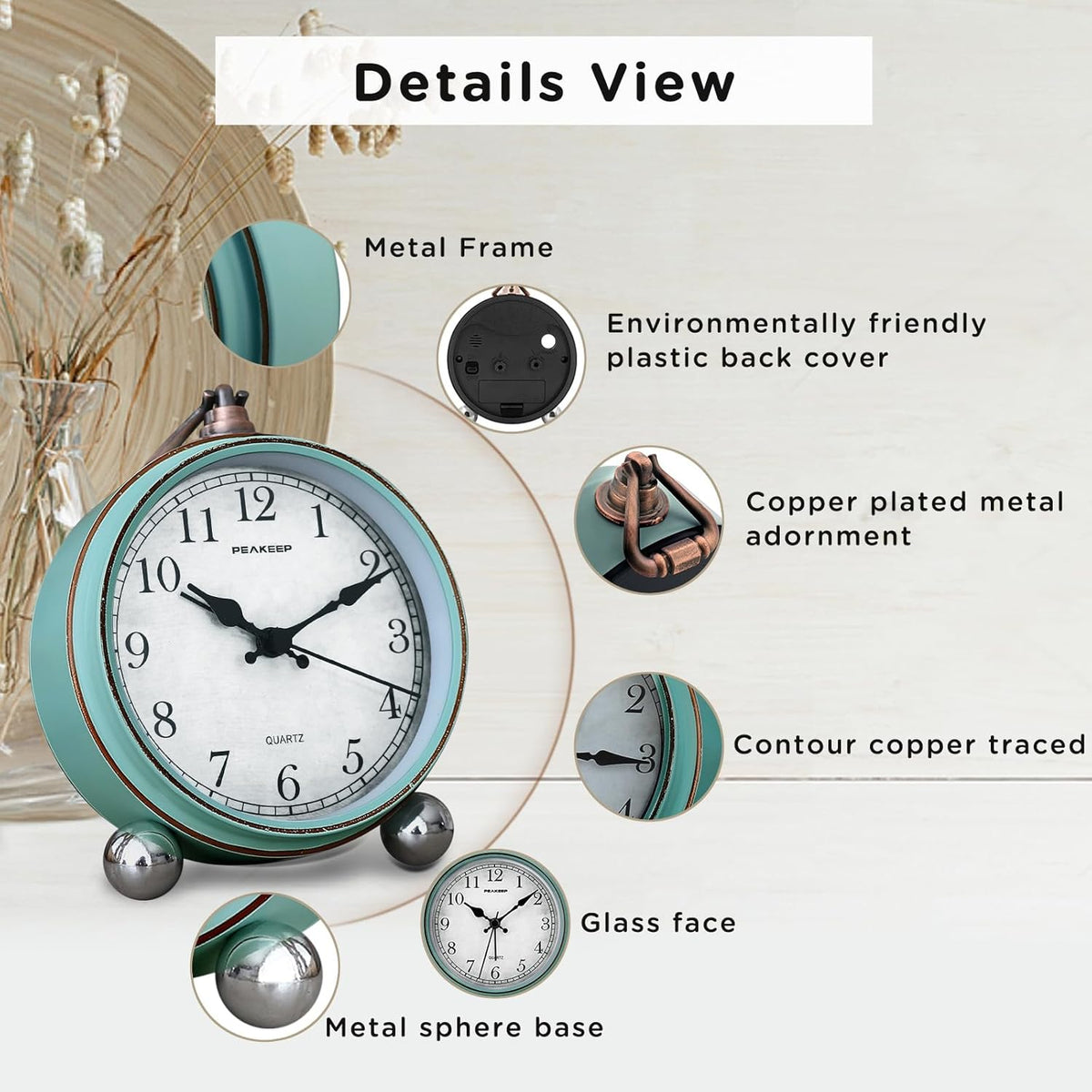 4" Small Battery Operated Analog Alarm Clock, Antique Retro Style