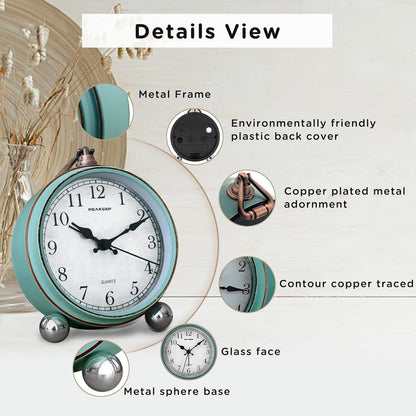4" Small Battery Operated Analog Alarm Clock, Antique Retro Style