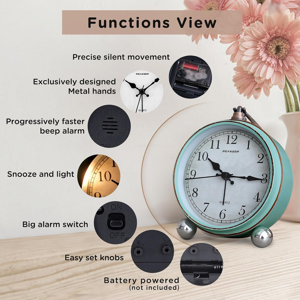 4" Small Battery Operated Analog Alarm Clock, Antique Retro Style