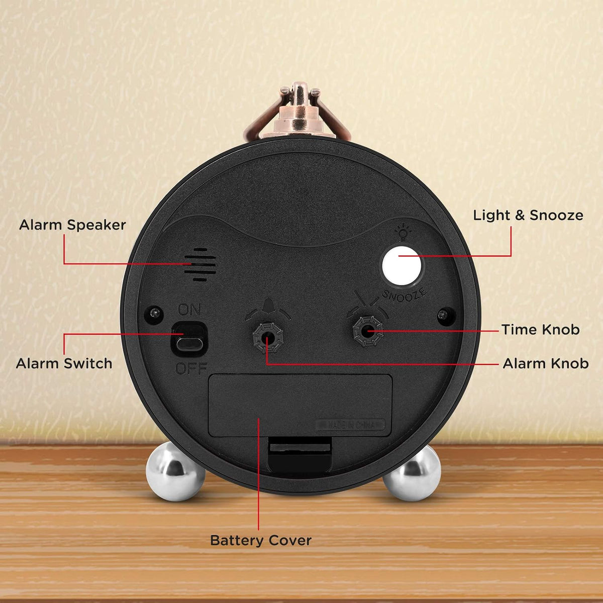 4" Small Battery Operated Analog Alarm Clock, Antique Retro Style
