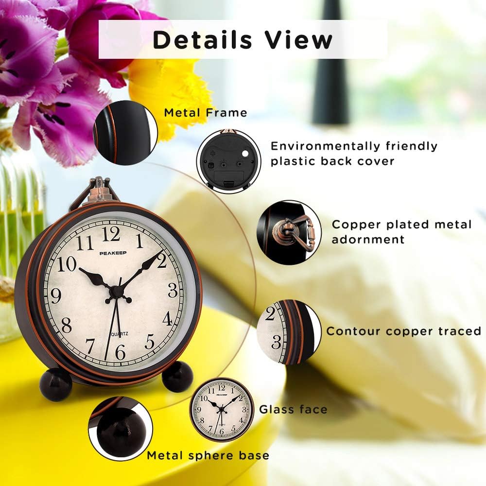 4" Small Battery Operated Analog Alarm Clock, Antique Retro Style