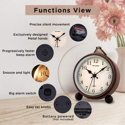 4" Small Battery Operated Analog Alarm Clock, Antique Retro Style
