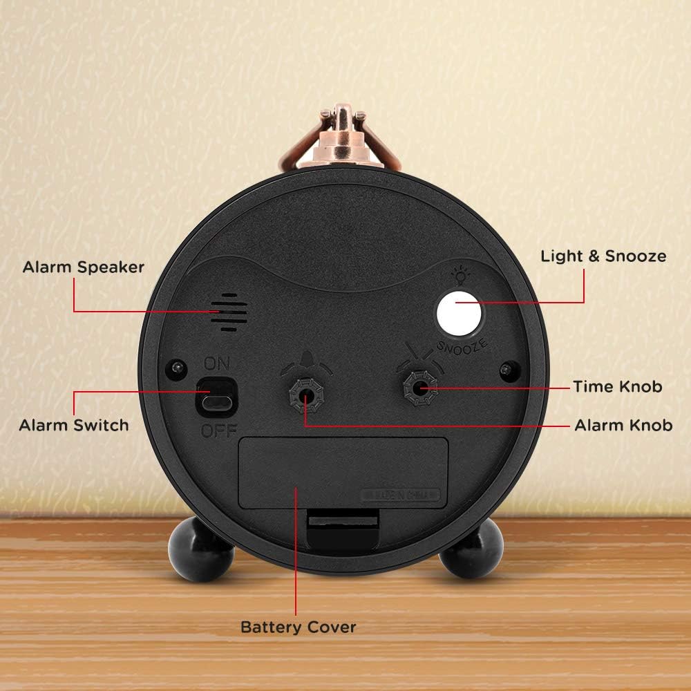 4" Small Battery Operated Analog Alarm Clock, Antique Retro Style