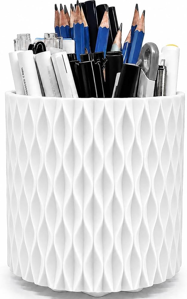 Rotating Pen Holder for Desk, 5 Slots Easthetic Pencil holder Desk Organizer Supplies and Accessories for Women Girls, Pencil Cup for Office Home Art Supply, White