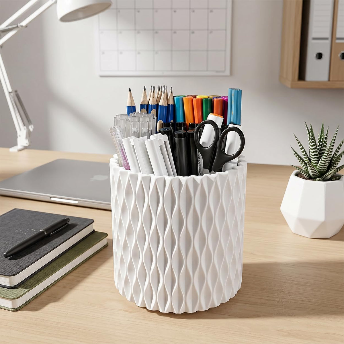 Rotating Pen Holder for Desk, 5 Slots Easthetic Pencil holder Desk Organizer Supplies and Accessories for Women Girls, Pencil Cup for Office Home Art Supply, White