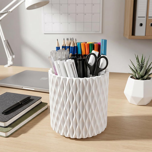 Rotating Pen Holder for Desk, 5 Slots Easthetic Pencil holder Desk Organizer Supplies and Accessories for Women Girls, Pencil Cup for Office Home Art Supply, White