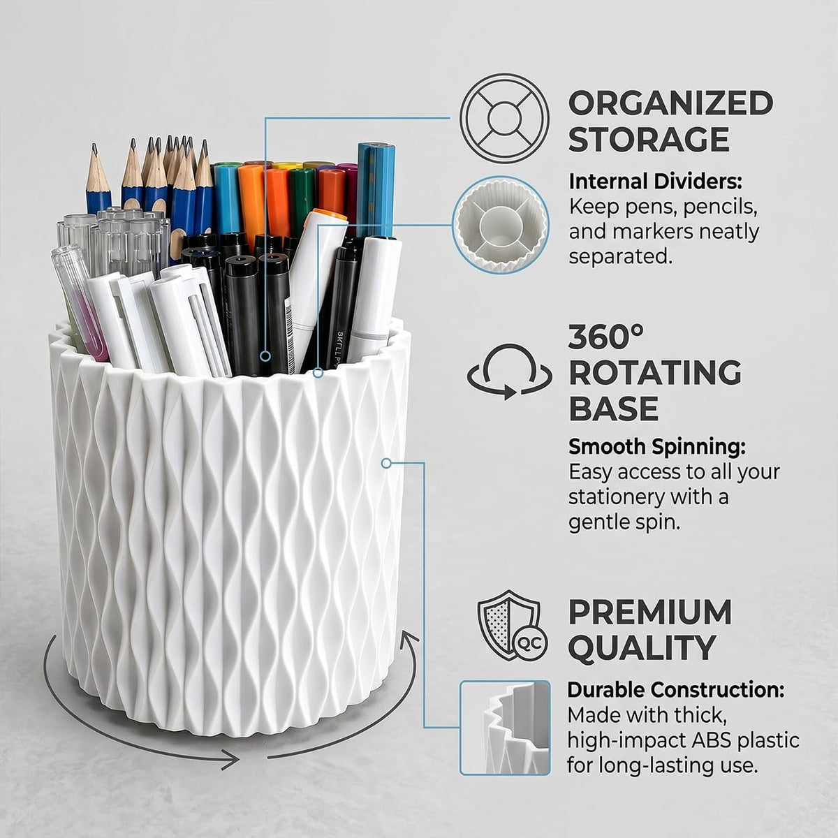 Rotating Pen Holder for Desk, 5 Slots Easthetic Pencil holder Desk Organizer Supplies and Accessories for Women Girls, Pencil Cup for Office Home Art Supply, White