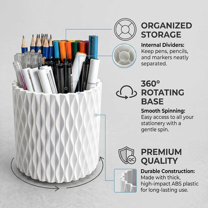 Rotating Pen Holder for Desk, 5 Slots Easthetic Pencil holder Desk Organizer Supplies and Accessories for Women Girls, Pencil Cup for Office Home Art Supply, White