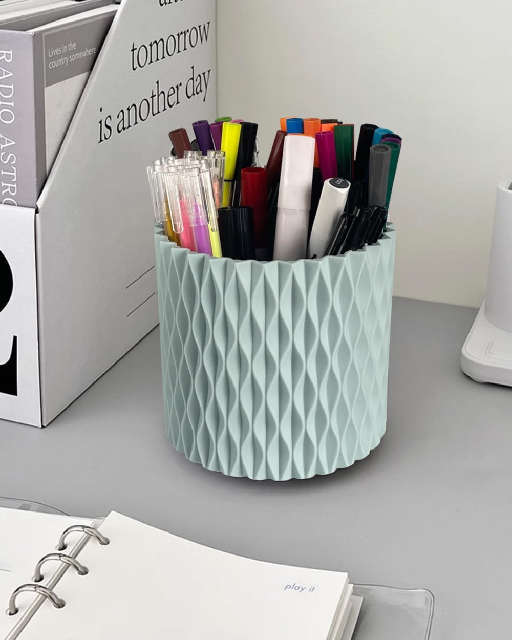 Rotating Pen Holder for Desk, 5 Slots Easthetic Pencil holder Desk Organizer Supplies and Accessories for Women Girls, Pencil Cup for Office Home Art Supply, White
