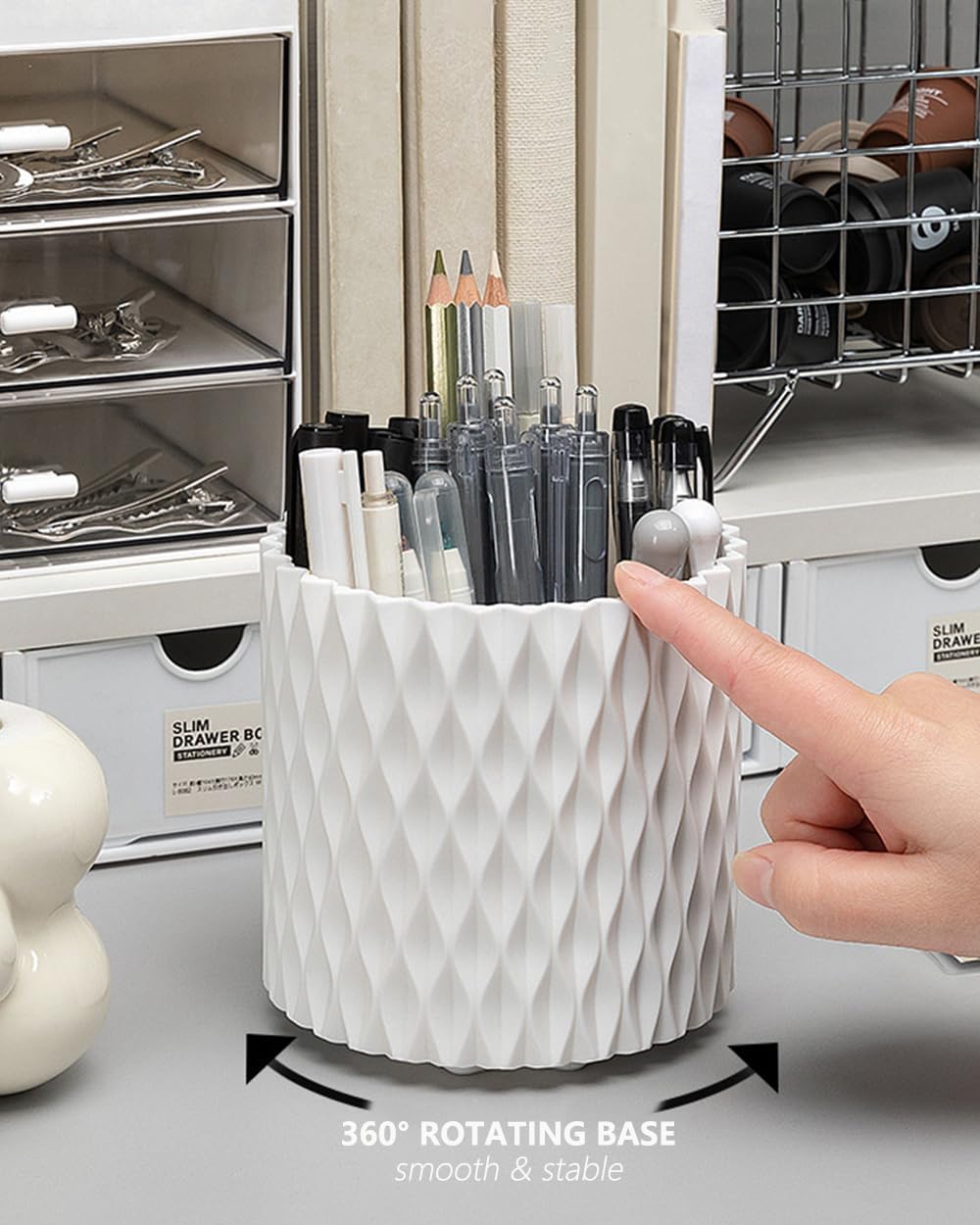Rotating Pen Holder for Desk, 5 Slots Easthetic Pencil holder Desk Organizer Supplies and Accessories for Women Girls, Pencil Cup for Office Home Art Supply, White