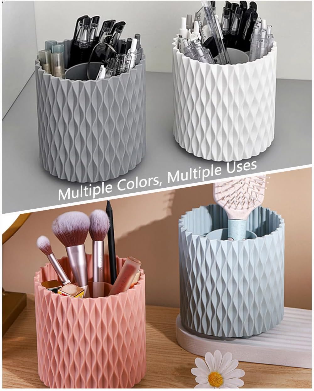 Rotating Pen Holder for Desk, 5 Slots Easthetic Pencil holder Desk Organizer Supplies and Accessories for Women Girls, Pencil Cup for Office Home Art Supply, White