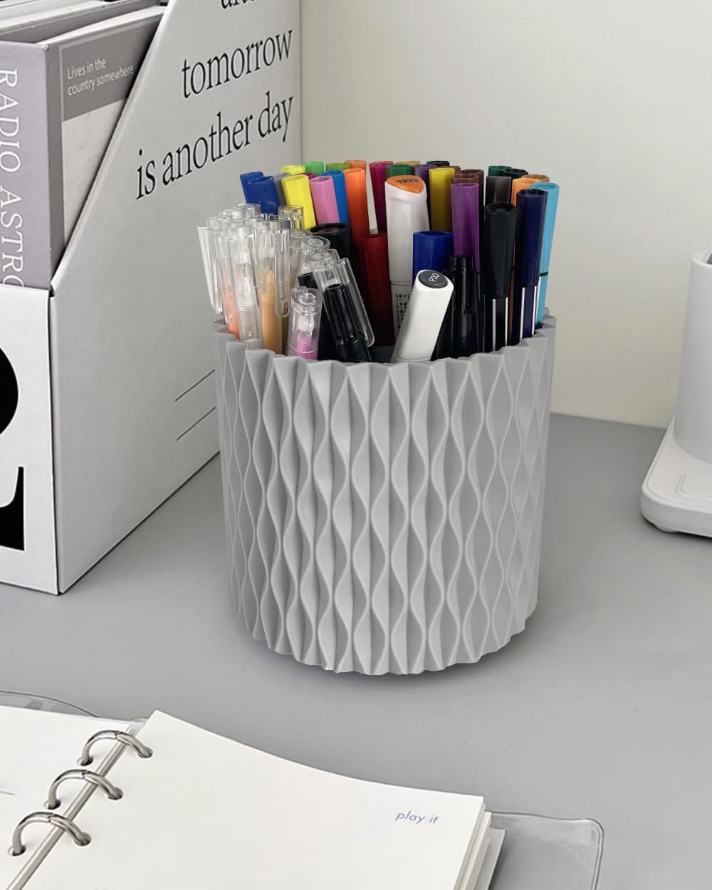 Rotating Pen Holder for Desk, 5 Slots Easthetic Pencil holder Desk Organizer Supplies and Accessories for Women Girls, Pencil Cup for Office Home Art Supply, White