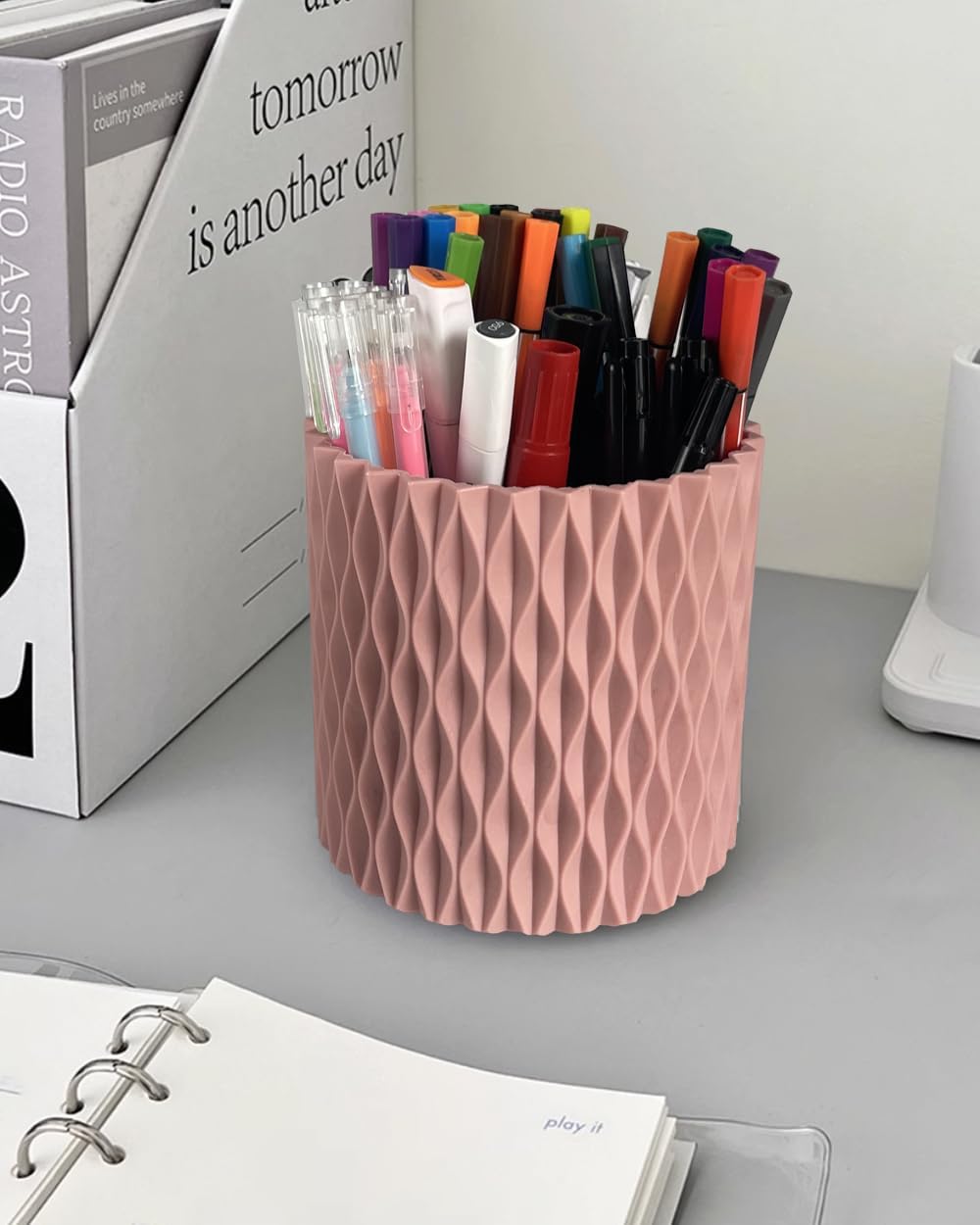 Rotating Pen Holder for Desk, 5 Slots Easthetic Pencil holder Desk Organizer Supplies and Accessories for Women Girls, Pencil Cup for Office Home Art Supply, White
