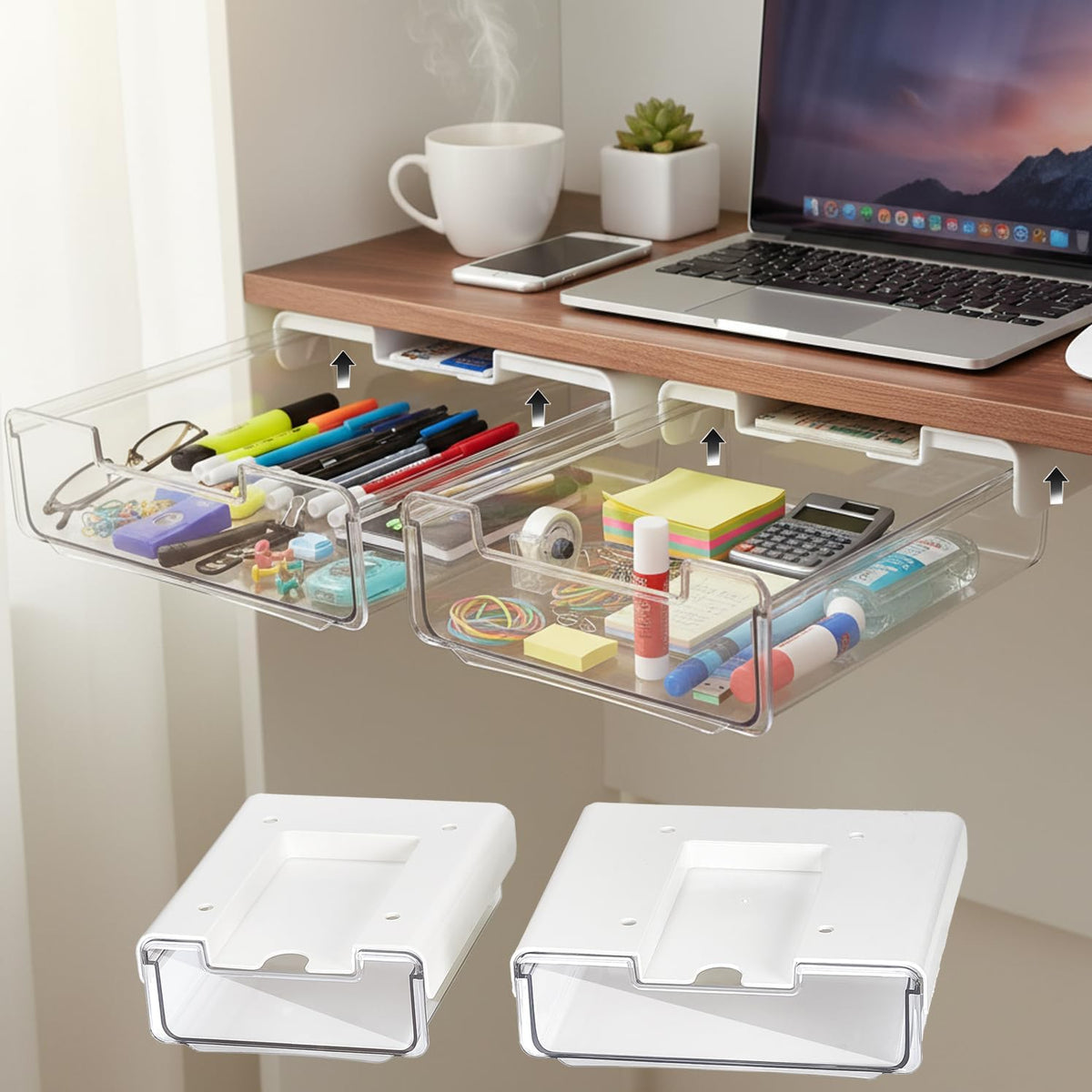 2 Pack Under Desk Hanging Drawer Slide Pull Out, Attachable Clear Acrylic Storage Tray, Easy Hidden Self Adhesive Mount Cabinet Shelf Holder for Tables, Home & Office, Counters, Workstation