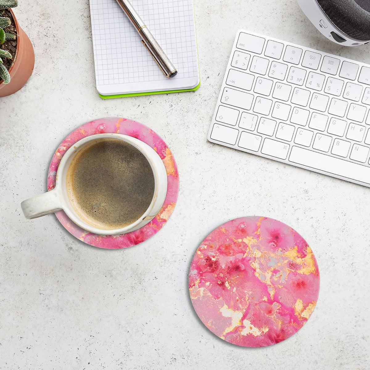 Pink and Gold Cute Desk Coasters Set of 4, Ceramic Office Drinks Coaster for Women, Pink Girls Coffee Table Decor