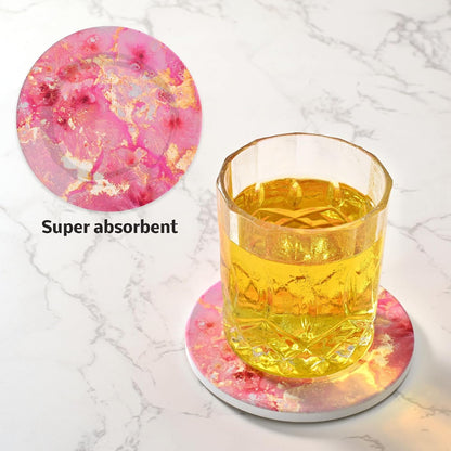Pink and Gold Cute Desk Coasters Set of 4, Ceramic Office Drinks Coaster for Women, Pink Girls Coffee Table Decor