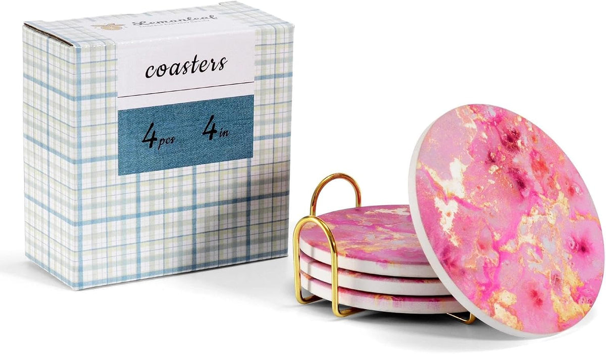 Pink and Gold Cute Desk Coasters Set of 4, Ceramic Office Drinks Coaster for Women, Pink Girls Coffee Table Decor