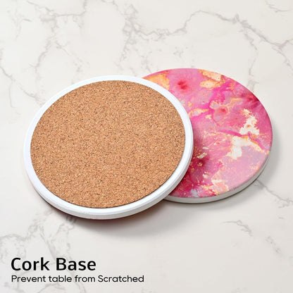 Pink and Gold Cute Desk Coasters Set of 4, Ceramic Office Drinks Coaster for Women, Pink Girls Coffee Table Decor