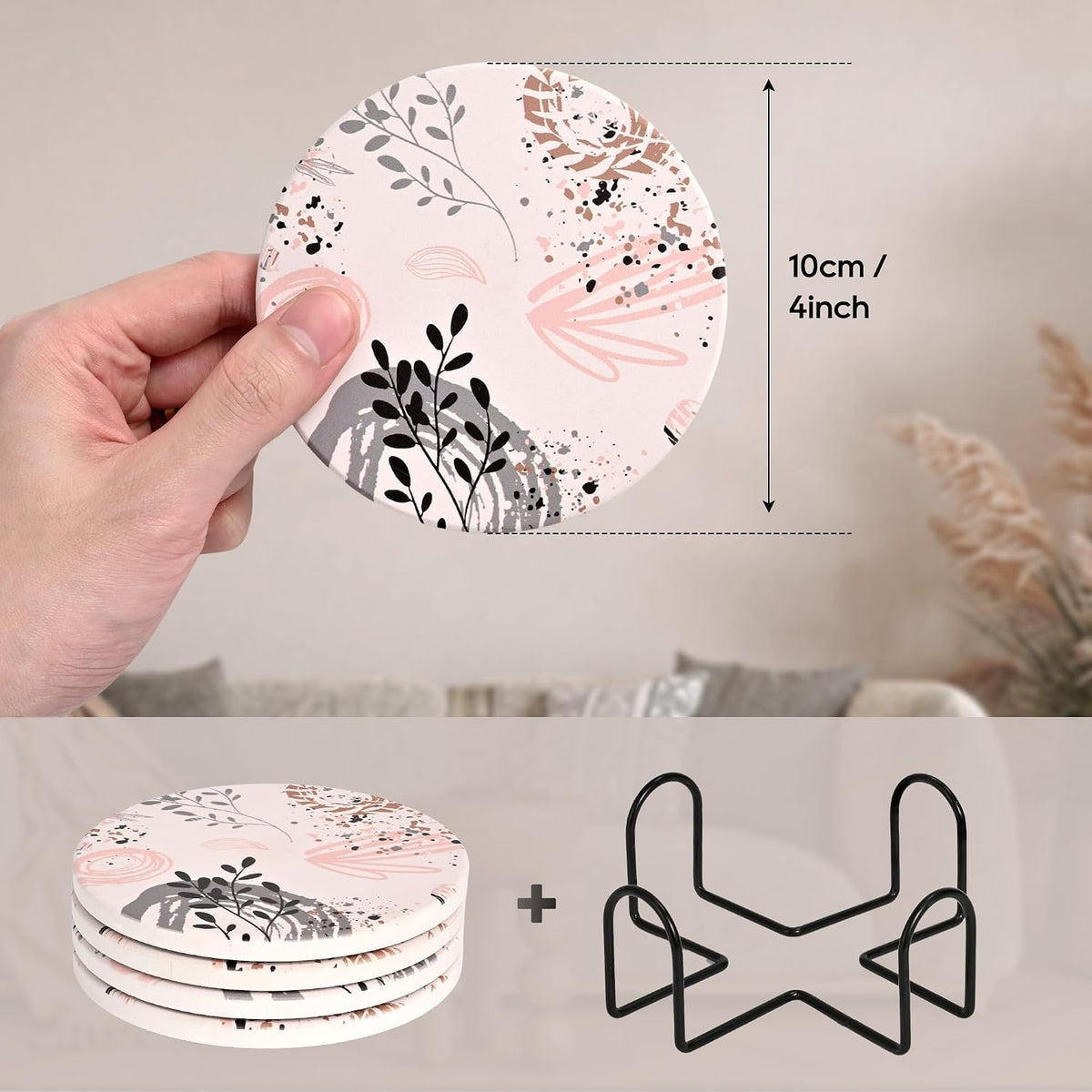 Pink and Gold Cute Desk Coasters Set of 4, Ceramic Office Drinks Coaster for Women, Pink Girls Coffee Table Decor