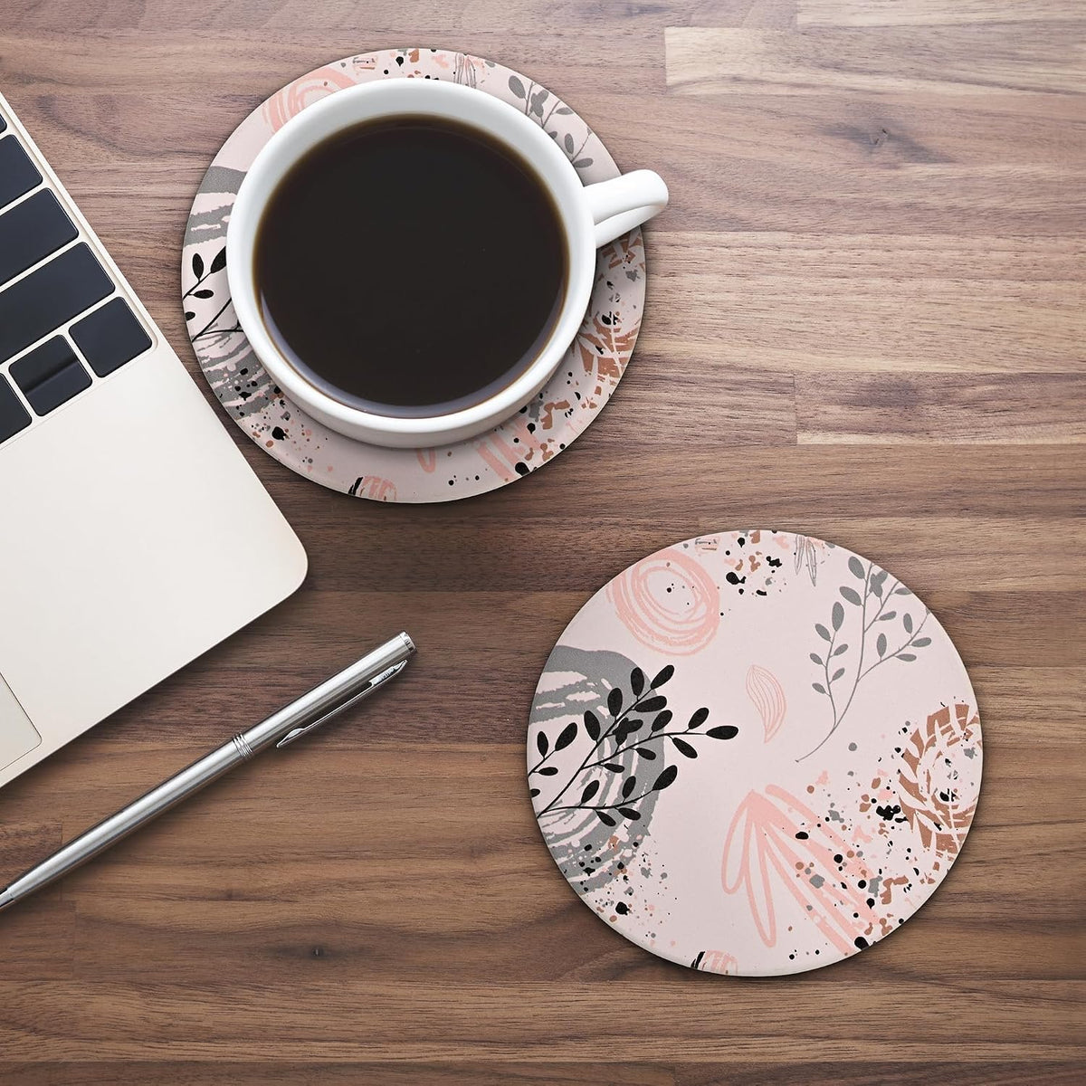 Pink and Gold Cute Desk Coasters Set of 4, Ceramic Office Drinks Coaster for Women, Pink Girls Coffee Table Decor
