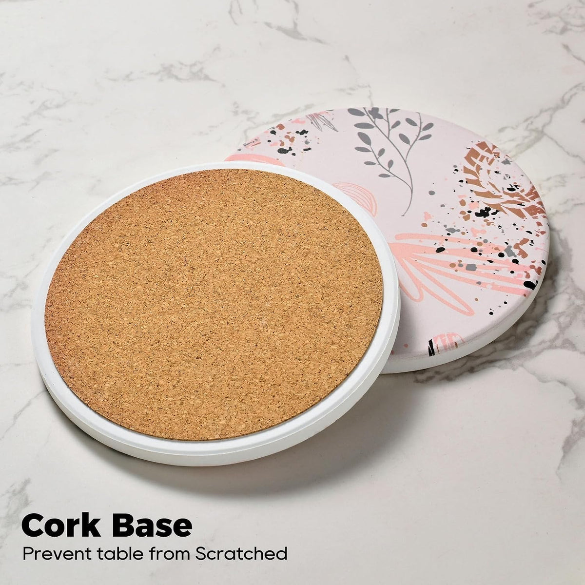 Pink and Gold Cute Desk Coasters Set of 4, Ceramic Office Drinks Coaster for Women, Pink Girls Coffee Table Decor