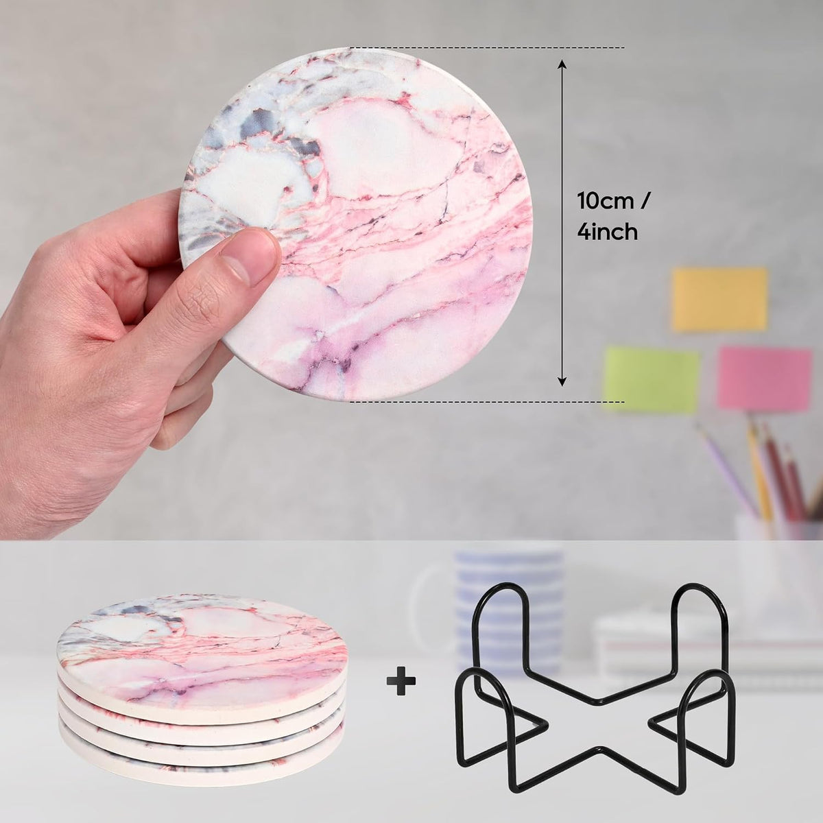 Pink and Gold Cute Desk Coasters Set of 4, Ceramic Office Drinks Coaster for Women, Pink Girls Coffee Table Decor