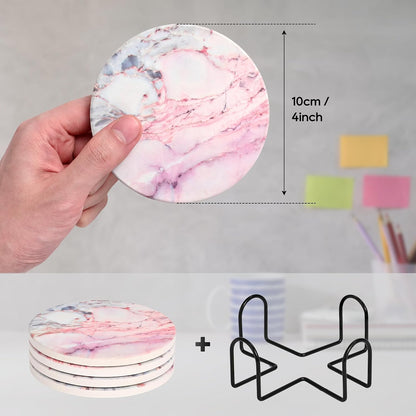 Pink and Gold Cute Desk Coasters Set of 4, Ceramic Office Drinks Coaster for Women, Pink Girls Coffee Table Decor