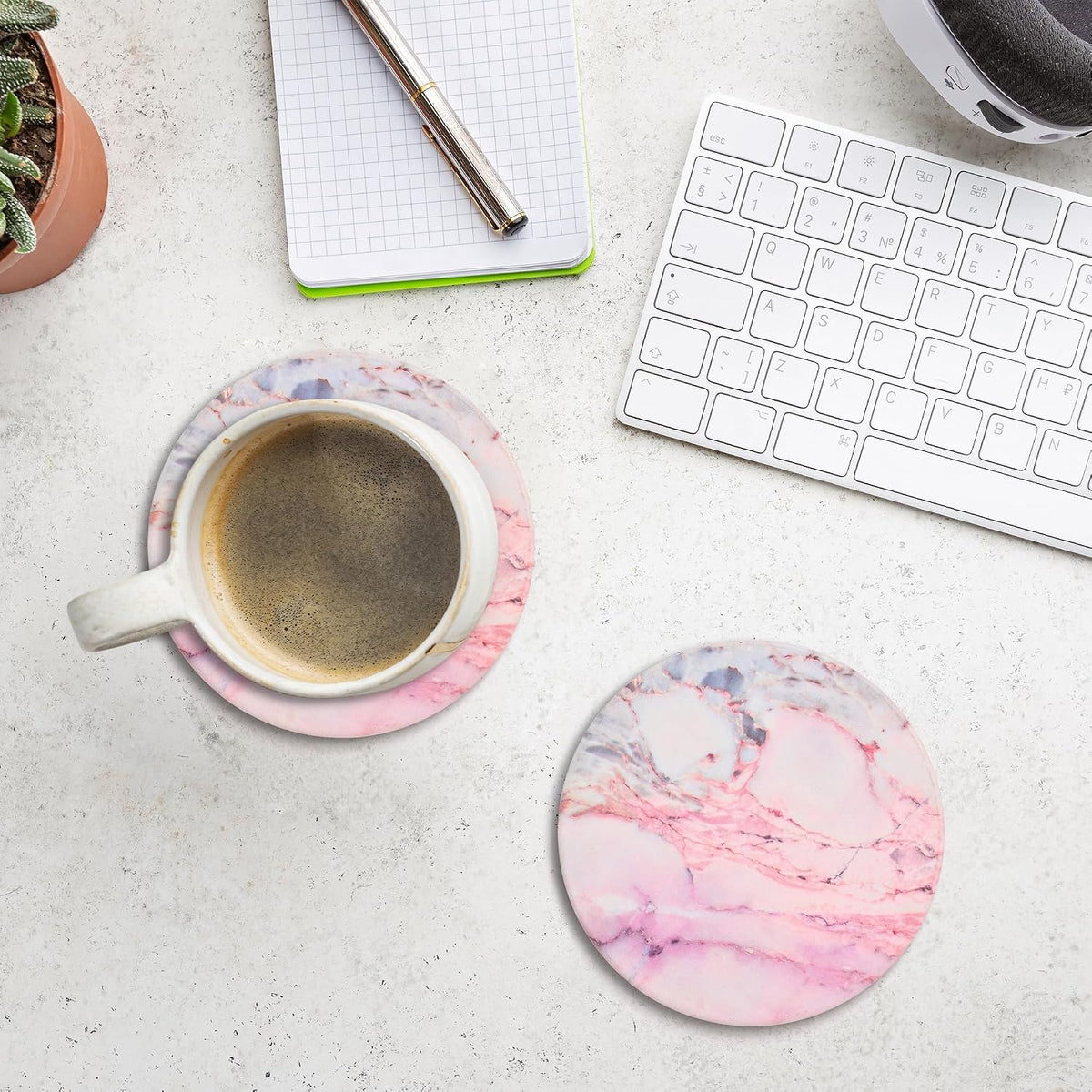 Pink and Gold Cute Desk Coasters Set of 4, Ceramic Office Drinks Coaster for Women, Pink Girls Coffee Table Decor