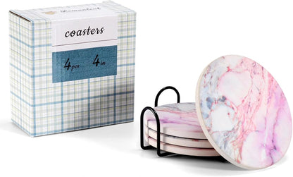 Pink and Gold Cute Desk Coasters Set of 4, Ceramic Office Drinks Coaster for Women, Pink Girls Coffee Table Decor