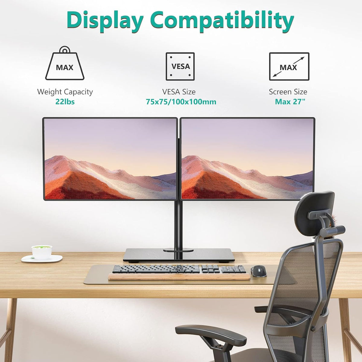 Free Standing Dual Monitor Stand, Height Adjustable Monitor Mount with Glass Base, Fits LCD LED Flat Curved Screen up to 27 inch, 22lbs, with Grommet Base (GMF002)