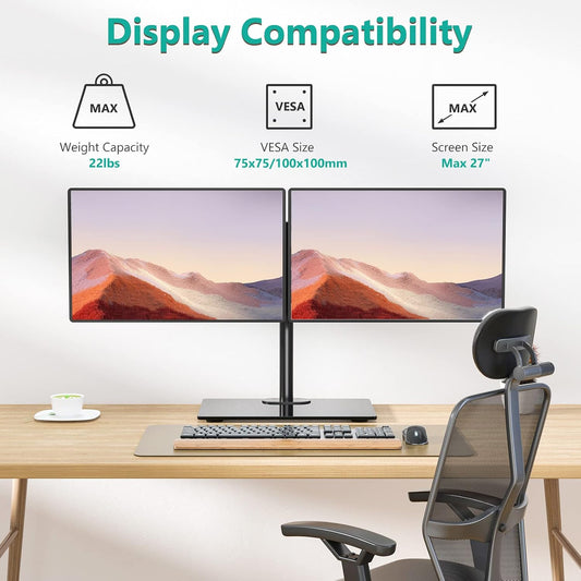 Free Standing Dual Monitor Stand, Height Adjustable Monitor Mount with Glass Base, Fits LCD LED Flat Curved Screen up to 27 inch, 22lbs, with Grommet Base (GMF002)