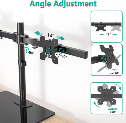 Free Standing Dual Monitor Stand, Height Adjustable Monitor Mount with Glass Base, Fits LCD LED Flat Curved Screen up to 27 inch, 22lbs, with Grommet Base (GMF002)